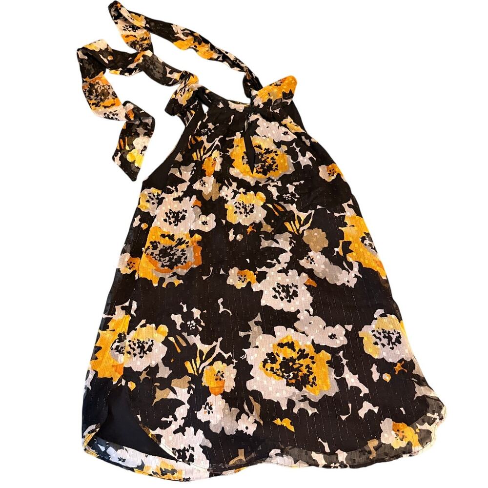 White House Black Market Size 0 Floral Blouse Black Yellow Metallic - Picture 3 of 10